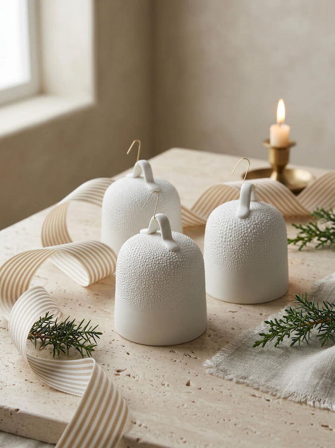 Set of 3 White Ceramic Bell Shaped Decorations
