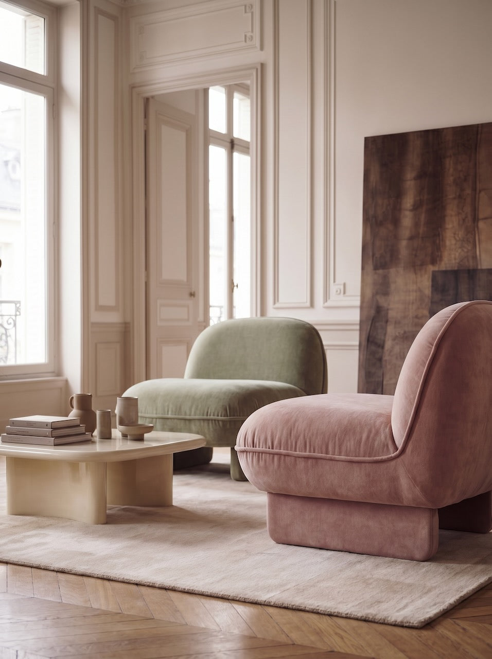 Two armchairs in a stylish room with large windows and wooden flooring.