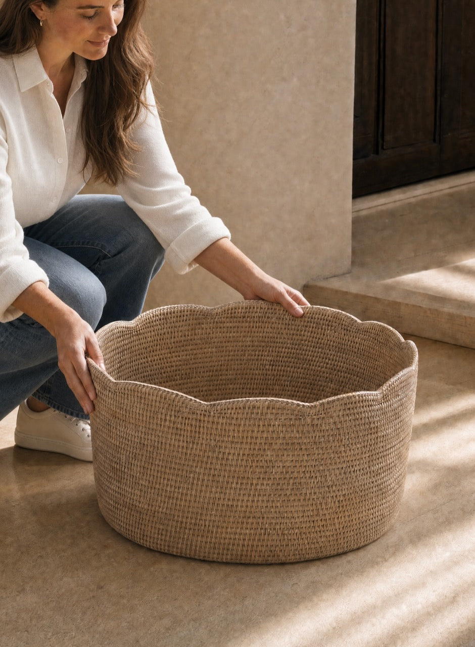 Skye Rattan Scallop Edge Basket Large - White