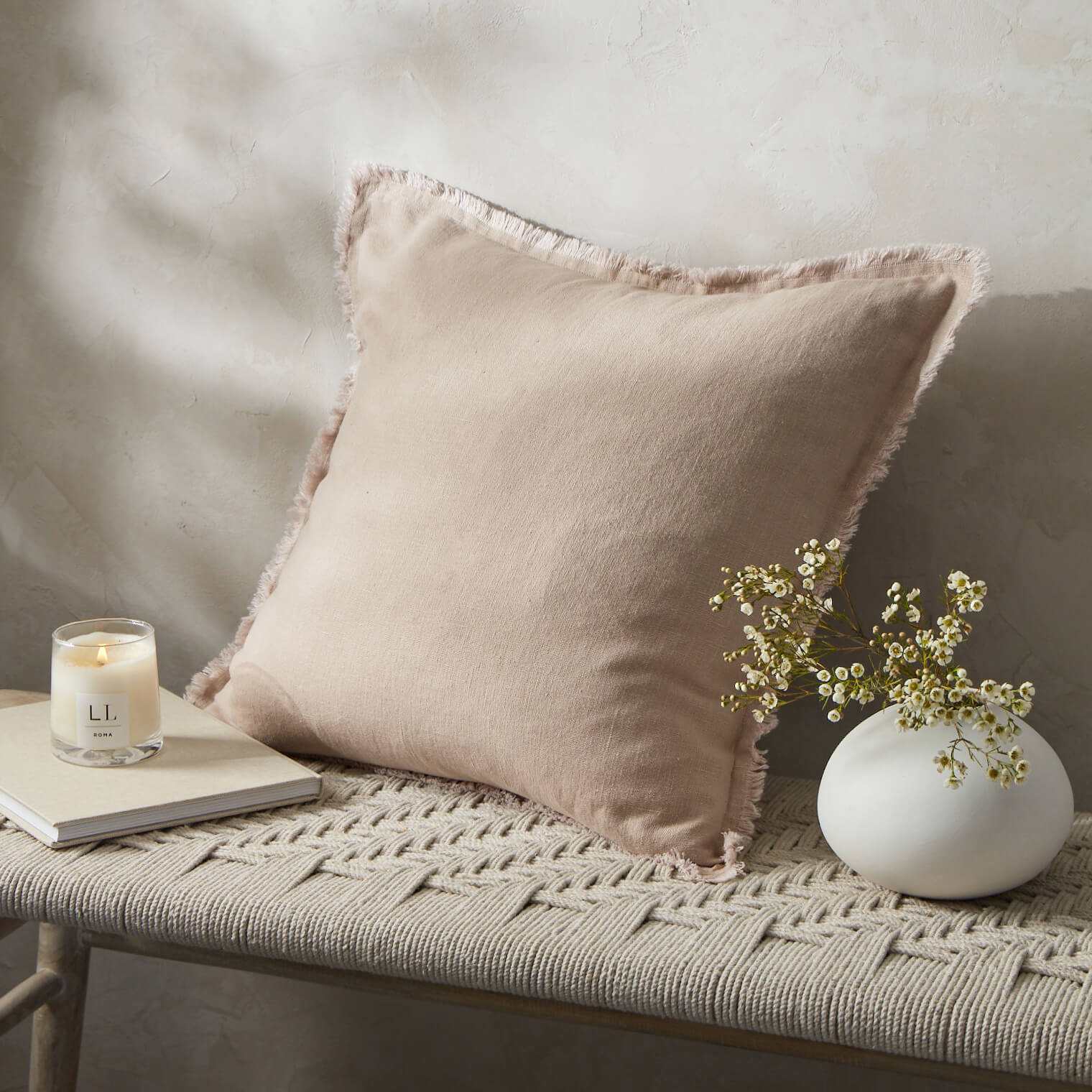 Fringe Linen Cushion Cover Blush Pink